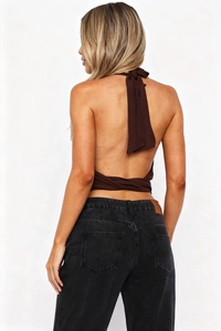 Rear view of brown backless halter top with minimalist tie-up design for women