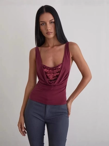 Women Sexy Sequin Cowl Neck Sleeveless Cami Tank Top Slim Fit Backless Adjustable Strap Polyester Party Clubwear Top