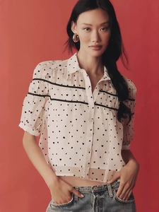 Chemisier d'Été pour Femmes en Mousseline à Pois Cœur Blanc Manches Bouffantes Col en V Chemise Boutonnée avec Bordure en Ruban Noir Top Décontracté