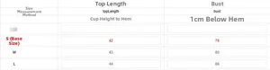 Detailed size chart for slim fit backless halter top showing bust and length measures