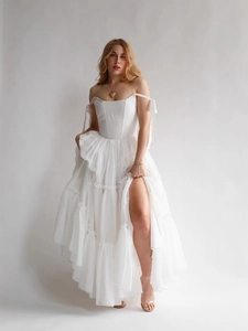 Robe Longue Élégante à Corset pour Femmes Volants Multi-couches Col Carré Lacets au Dos Sans Manches Soirée Mariage Bal