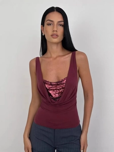 Women's slim-fit burgundy sleeveless top with shimmering sequins and draped U-neck design