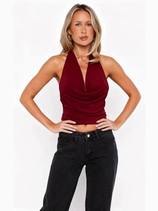 Sexy burgundy halter neck top with deep V-neck and draped pleats for women