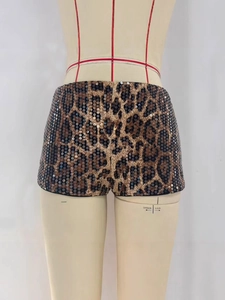 Women Sexy Leopard Print Sequin Shorts Low Waist Micro Elastic Polyester Shiny Hot Pants For Nightclub Party Stage