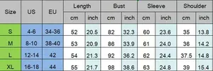 Detailed sizing chart for women's mesh top showing US and EU sizes for S, M, L, XL