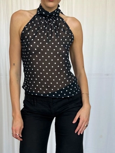 Sexy Polka Dot Halterneck Top Women Backless Sleeveless Sheer Polyester Slim Fit Summer Streetwear Party Crop Top Black