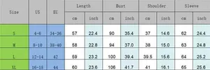 Detailed size chart for lace top with US/EU measurements in cm and inches for S-XL