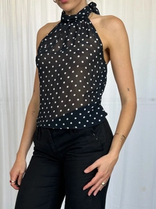 Slim fit polka dot halter top with backless design and sheer mesh fabric for summer