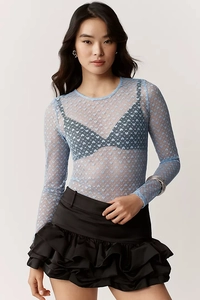Close-up of light blue mesh top with delicate heart pattern and sheer fabric texture