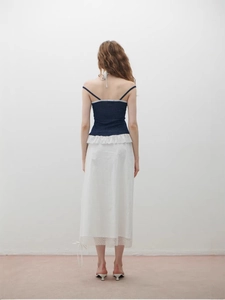 Polka dot camisole with white wave trim and elegant high waist white midi skirt set