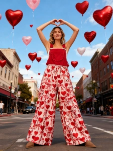 Detail von rotem Trägertop und High-Waist-Hose mit weitem Bein, Herz- und Schleifenmuster