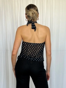 Sleeveless backless polka dot halter top and slim black trousers set for women