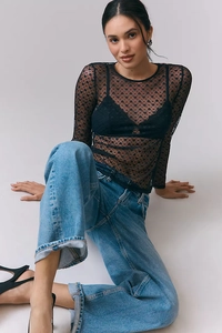 Detail shot of sheer black mesh top featuring all-over embroidered heart pattern