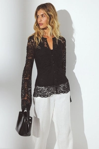 Detail of floral lace texture on a black slim fit cardigan with flared sleeves