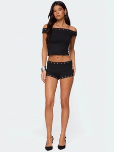 Women's black off-shoulder two-piece set with metal eyelet rivets and slim fit shorts