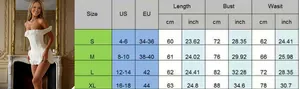 Detailed size chart for the ruched corset dress with US and EU measurement guide