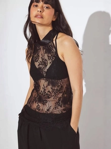 Women Sexy Black Lace Halter Top Sheer Floral Backless Sleeveless Slim Fit Tank Top With Satin Bow Party Clubwear