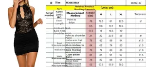 Detailed size chart for lace mini dress showing measurements in centimeters for S to XL