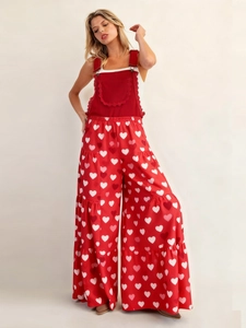 Damen Jumpsuit mit weitem Bein in Rot mit Herzmuster und Spitzen-Detail