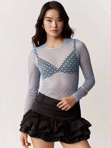 Women Sexy Heart Print Sheer Mesh Long Sleeve Base Layer Top Round Neck Slim Fit Mesh Tee Shirt For Party Daily Wear