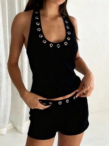 Women Sexy Halter Tank Top Y2K Punk Metal Eyelets Backless Slim Fit Sleeveless Streetwear Camisole Top
