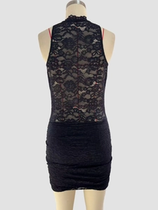 Slim fit black lace sleeveless mini dress with sheer back and ruched hem details