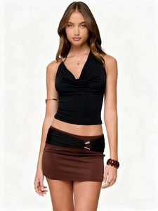 Women's sexy black halter neck top with pleated collar and brown mini skirt set
