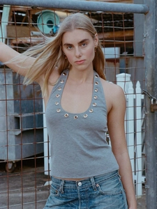 Slim fit grey halter neck tank top with metallic eyelets and open back street style