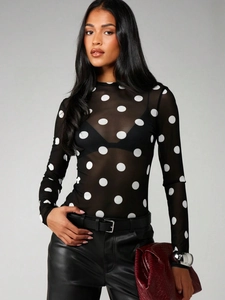 Women's Sexy Sheer Mesh Polka Dot Long Sleeve T-Shirt Slim Fit Round Neck See Through Top Elegant Chic Streetwear