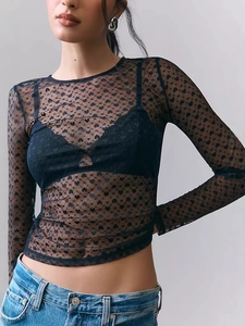 Sheer black mesh top with velvet heart patterns and slim fit long sleeves for women