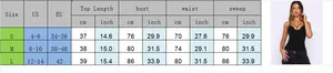 Size guide for women's V-neck sleeveless crop top with US/EU measurements in cm and inch