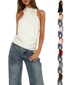 Detail view of smooth satin halter neck top with cross neckline and various color swatches