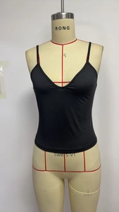 Detail of a slim-fit black V-neck tank top displayed on a professional garment mannequin