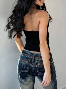 Slim fit backless halter top and distressed cargo jeans with pocket details