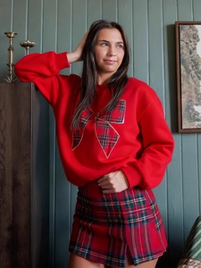 Women Festive Tartan Bowknot Sweatshirt and Skirt Christmas Round Neck Long Sleeve Pullover Holiday Casual Preppy Top