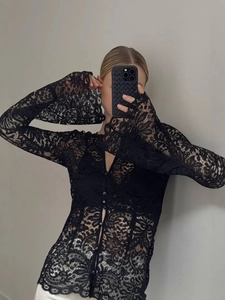 Women Sexy Lace Long Sleeve Top V Neck See Through Flare Sleeve Button Up Slim Fit Vintage Style Blouse Shirt