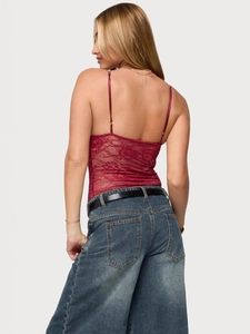 Slim fit burgundy lace camisole with thin straps and floral detail, back view studio shot