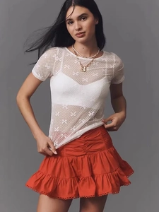 T-Shirt Sexy en Maille Transparente pour Femme Motifs Nœuds Manches Courtes Col Rond Coupe Ajustée Dentelle Top Party Club
