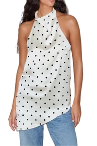 Polka dot satin halter top for women in white with black dots and sleeveless design