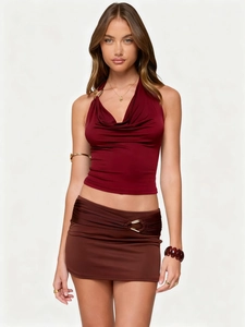 Sexy burgundy cowl neck halter top and brown low waist mini skirt with gold rings set