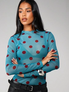 Sheer mesh polka dot long sleeve top in blue and red, fashion slim fit crewneck style