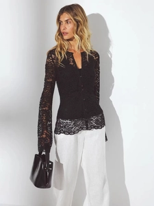 Sexy black floral lace V-neck cardigan with bell sleeves and sheer slim-fit design