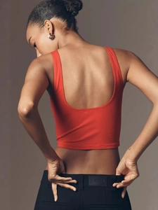 Slim fit red backless crop top for women with deep U-neck and sleeveless summer design
