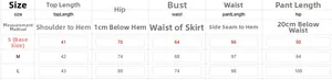 Größentabelle für Damen-Punkte-Set mit Maßen für die Größen S, M und L