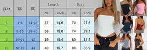 Size guide for lace-up strapless corset top in multiple colors with measurements