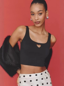 Slim fit black tank top with heart cutout design and sleeveless silhouette for women