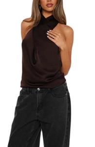 Detailed view of dark brown satin halter top with elegant pleated neckline texture