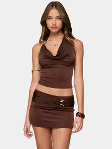 Women's Sexy Halter Cowl Neck Top And Mini Skirt Outfit With Metal Rings Polyester Solid Color Summer Fashion Skirt Wear