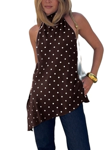Polished brown satin halter top with white polka dots and asymmetric irregular hem design