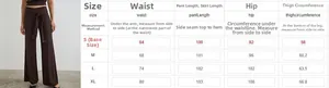 Size guide for high-waisted wide leg trousers with waist, hip, and length measurements